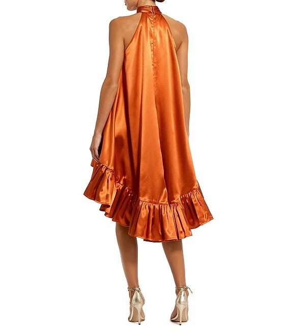 Mac Duggal Satin Halter Mock Neck Sleeveless Ruffle Hem High Low Mini Dress Product Image