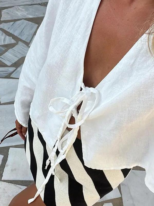 Lace-Up Solid Color V-Neck Blouses&Shirts Tops Product Image