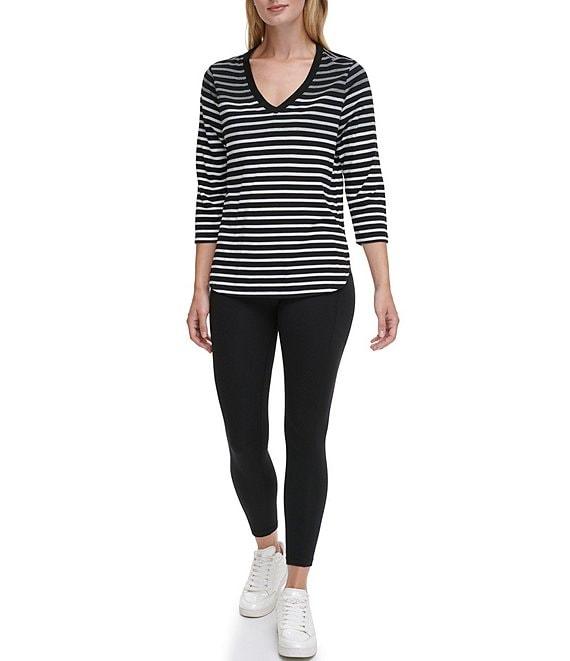 DKNY Sport by Donna Karan Stretch Stripe Jersey Knit V-Neck 3/4 Sleeve Tee Product Image