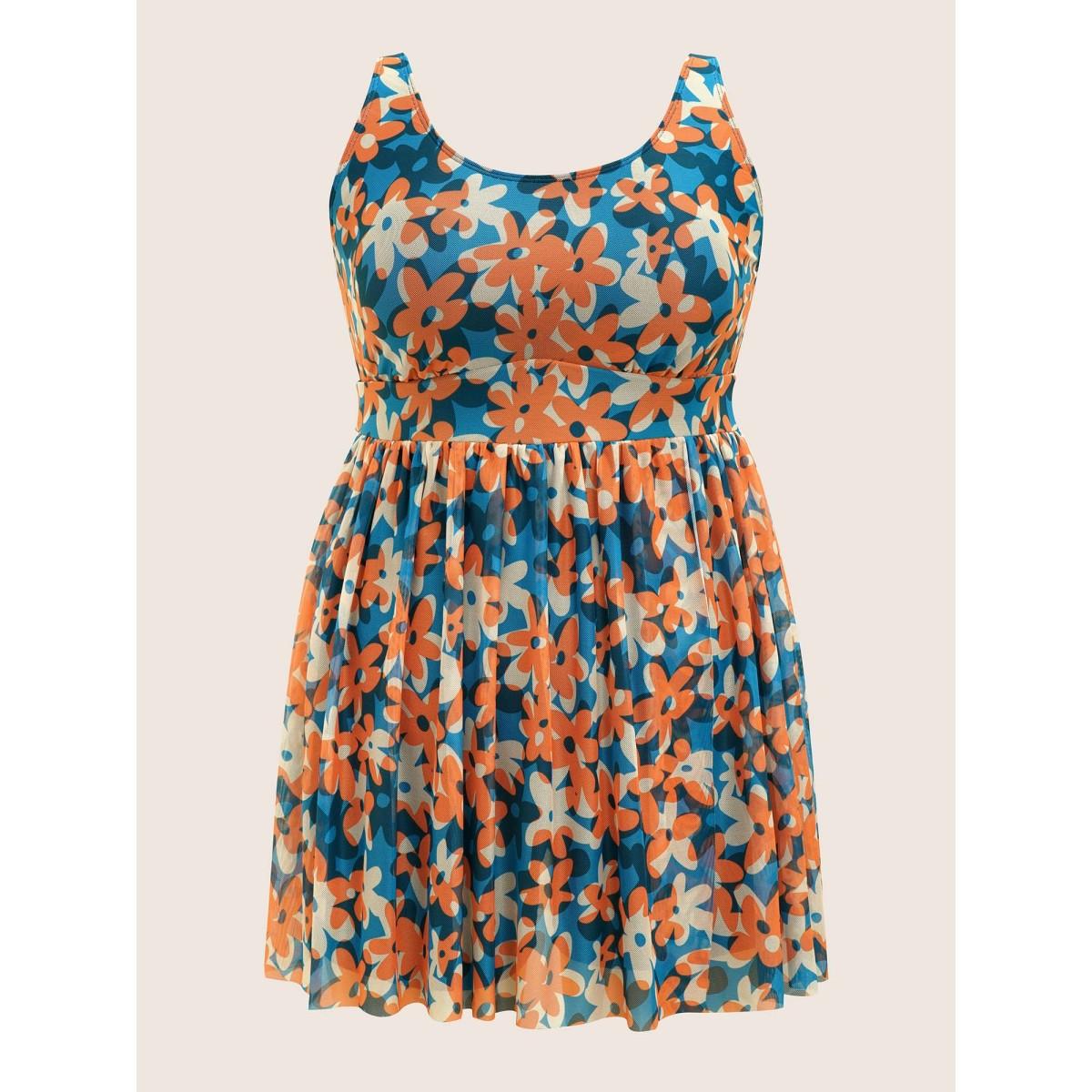 Plus Size Ditsy Floral Slit Hem See Through Swim Dress Women's Swimwear Multicolor Beach Bodycon U-neck High stretch Curve Swim Dresses BloomChic 22-24/3X Product Image