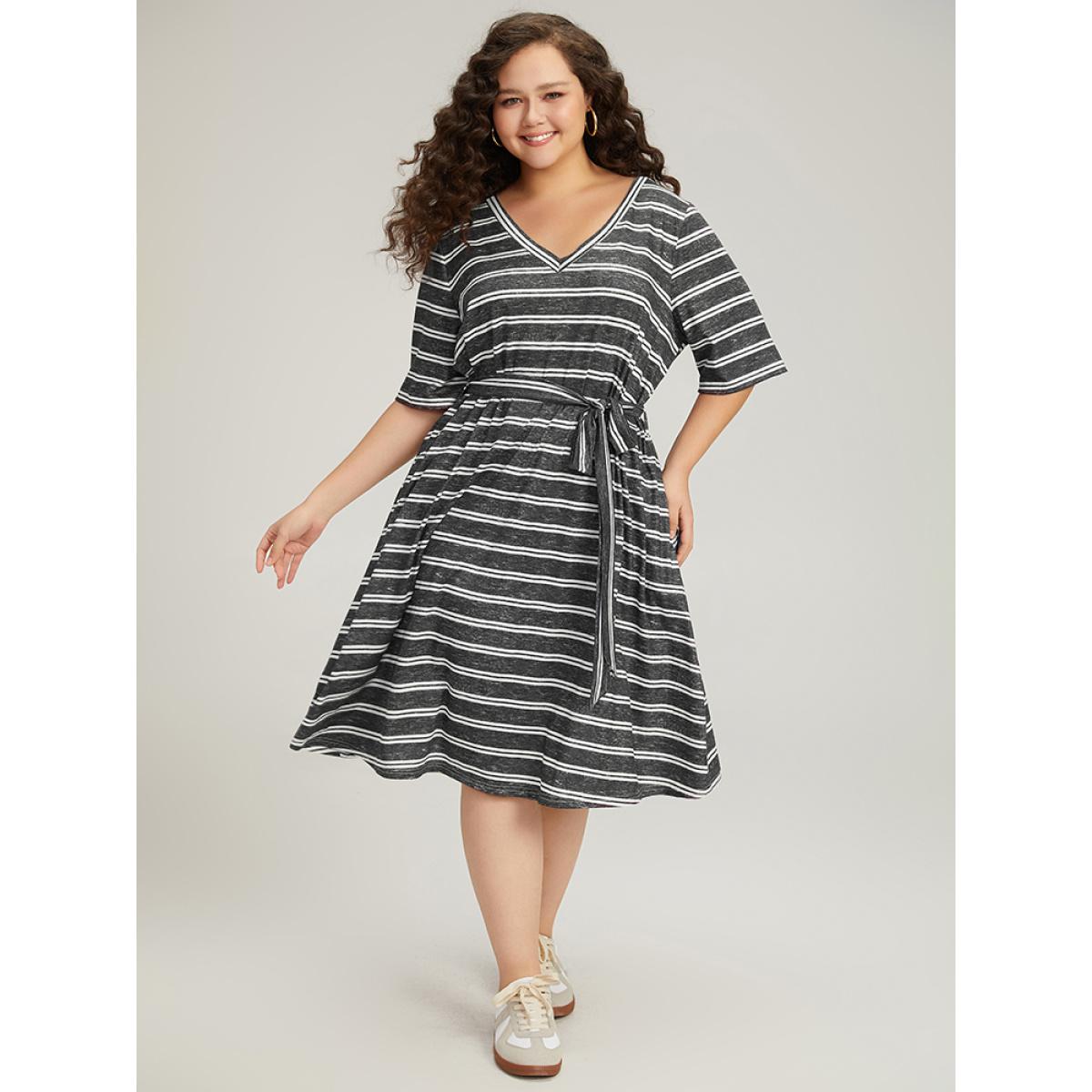 Plus Size Striped V Neck Pocket Belted Back Cut Out Dress Black Women Casual Belted V-neck Half Sleeve Curvy Midi Dress BloomChic 14-16/1X Product Image
