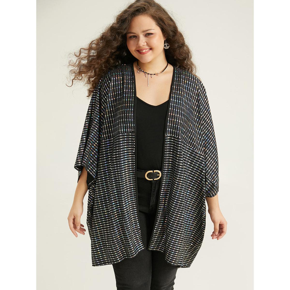 Plus Size Halloween Sequin Drape Open Front Kimono Women Black Casual Rhinestone detailing Loose Dailywear Kimonos BloomChic 26/4X Product Image