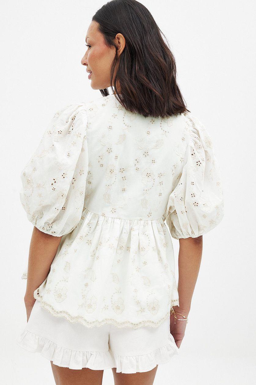 Embroidered Contrast Tie Front Blouse Product Image