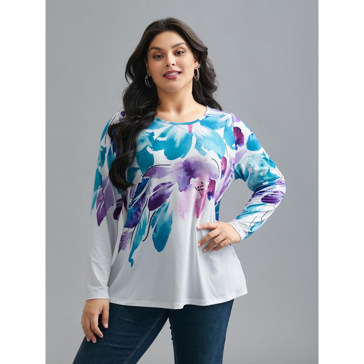 Plus Size Floral Boho Print Stretchy T-Shirt WhiteSmoke Women Casual Non Art&design Round Neck Everyday T-shirts BloomChic 10/M Product Image