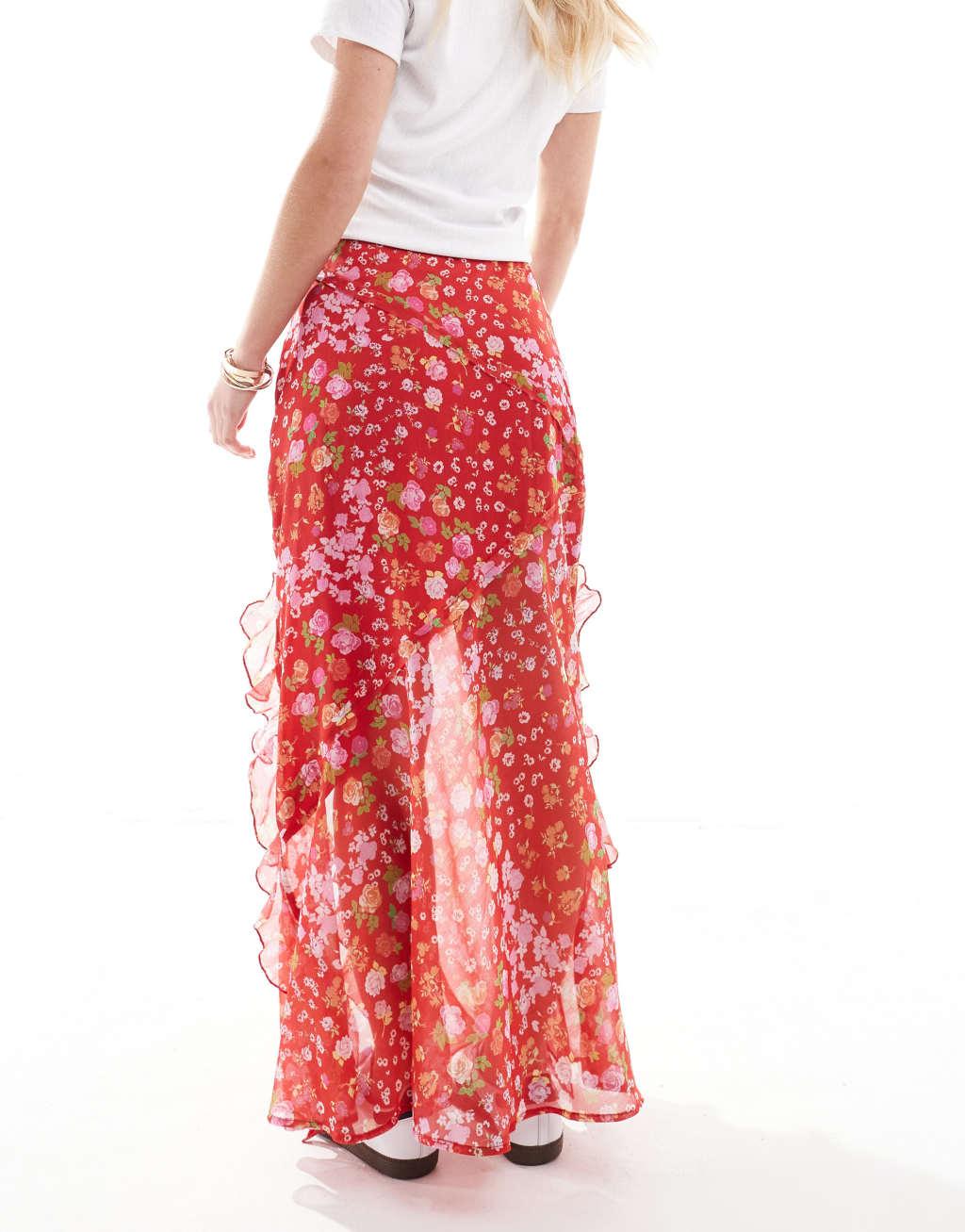 ASOS DESIGN petite chiffon ruffle maxi skirt in floral print Product Image