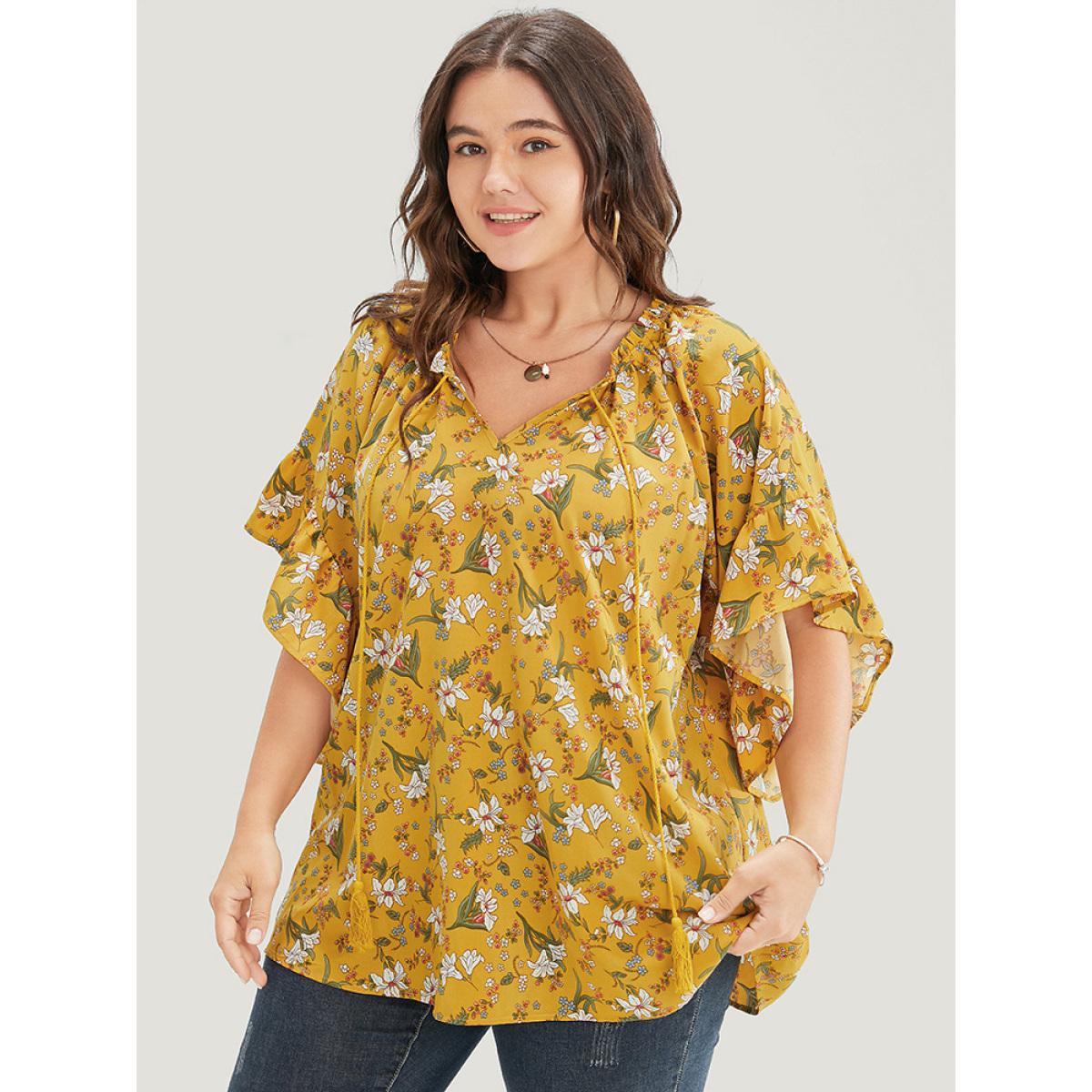 Plus Size Yellow Floral Tie Neck Tassels Frill Trim Ruffle Sleeve Blouse Women Elegant Short sleeve V-neck Dailywear Blouses BloomChic 14-16/1X Product Image