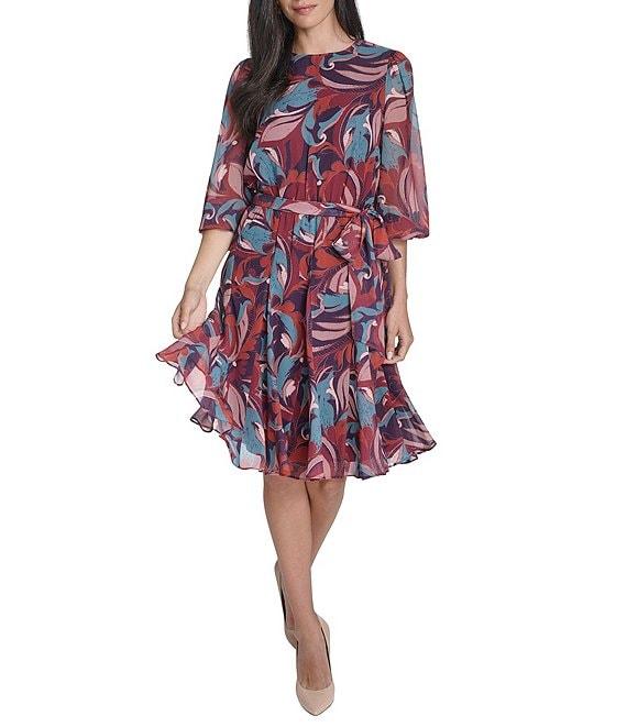 Jessica Howard Printed Chiffon Long Sleeve Fit & Flare Godet Dress Product Image