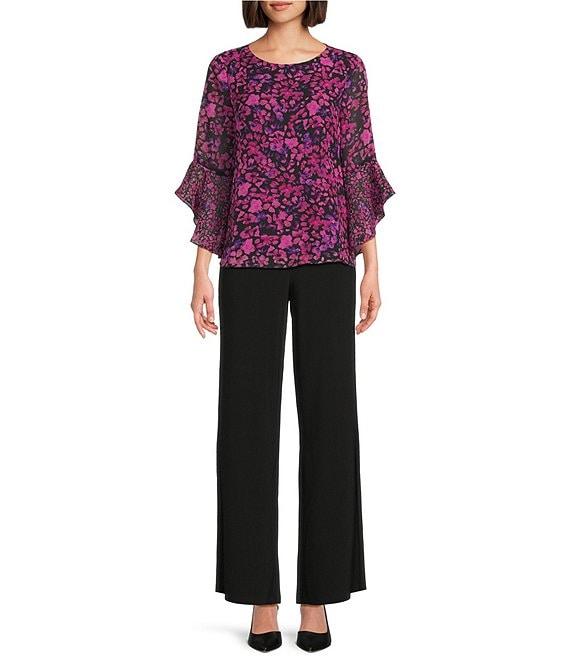 Kasper Petite Size Floral Chiffon Boat Neck 3/4 Ruffle Sleeve Blouse Product Image