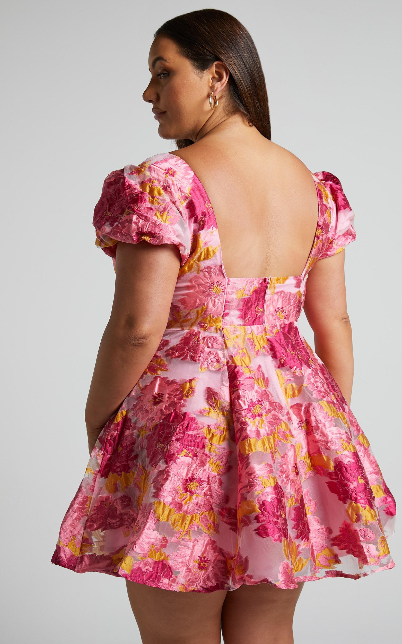 Brailey Jacquard Mini Dress - Puff Sleeve Dress in Pink Product Image