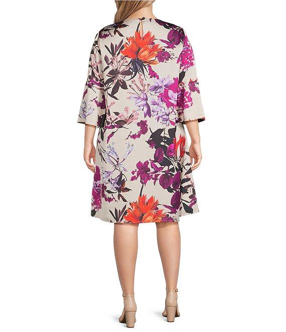 Caroline Rose Plus Bella Floral Print Satin Round Neck 3/4 Bell Sleeve Shift Dress Product Image