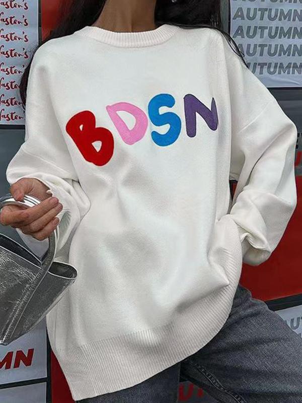 Contrast Color Letter Jacquard Crew Neck Sweater Product Image