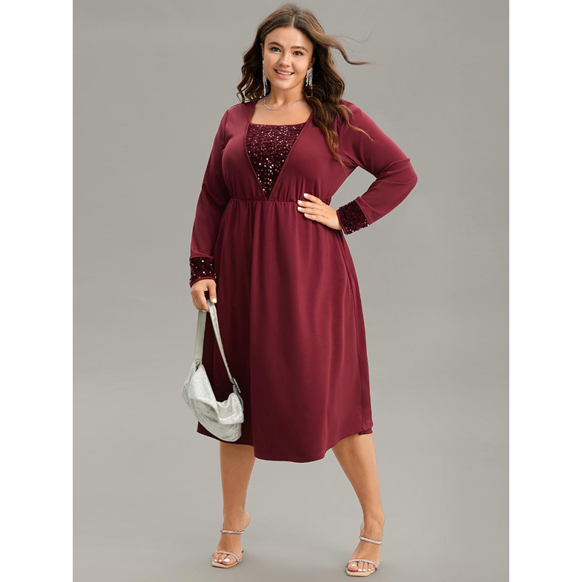 Plus Size Plain Sequin Patchwork Elastic Waist Dress Scarlet Women Glamour Sequin Square Neck Long Sleeve Curvy Midi Dress BloomChic 18-20/2X Product Image