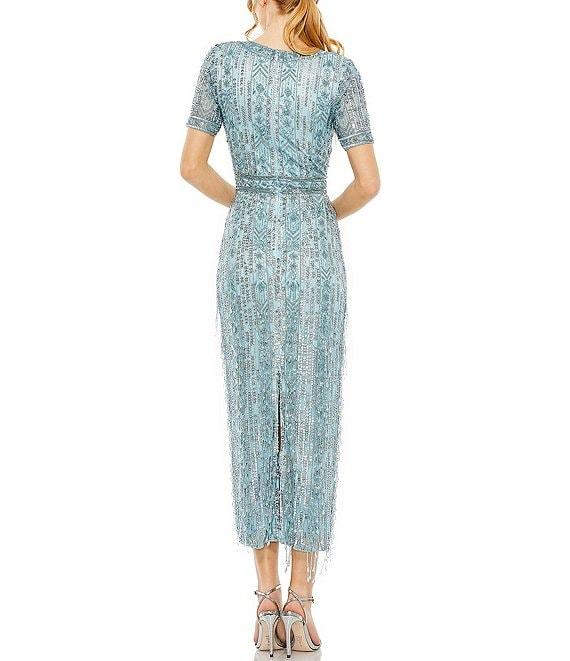 Mac Duggal Short Sleeve Sequined Beaded Sheath Midi Dress Product Image