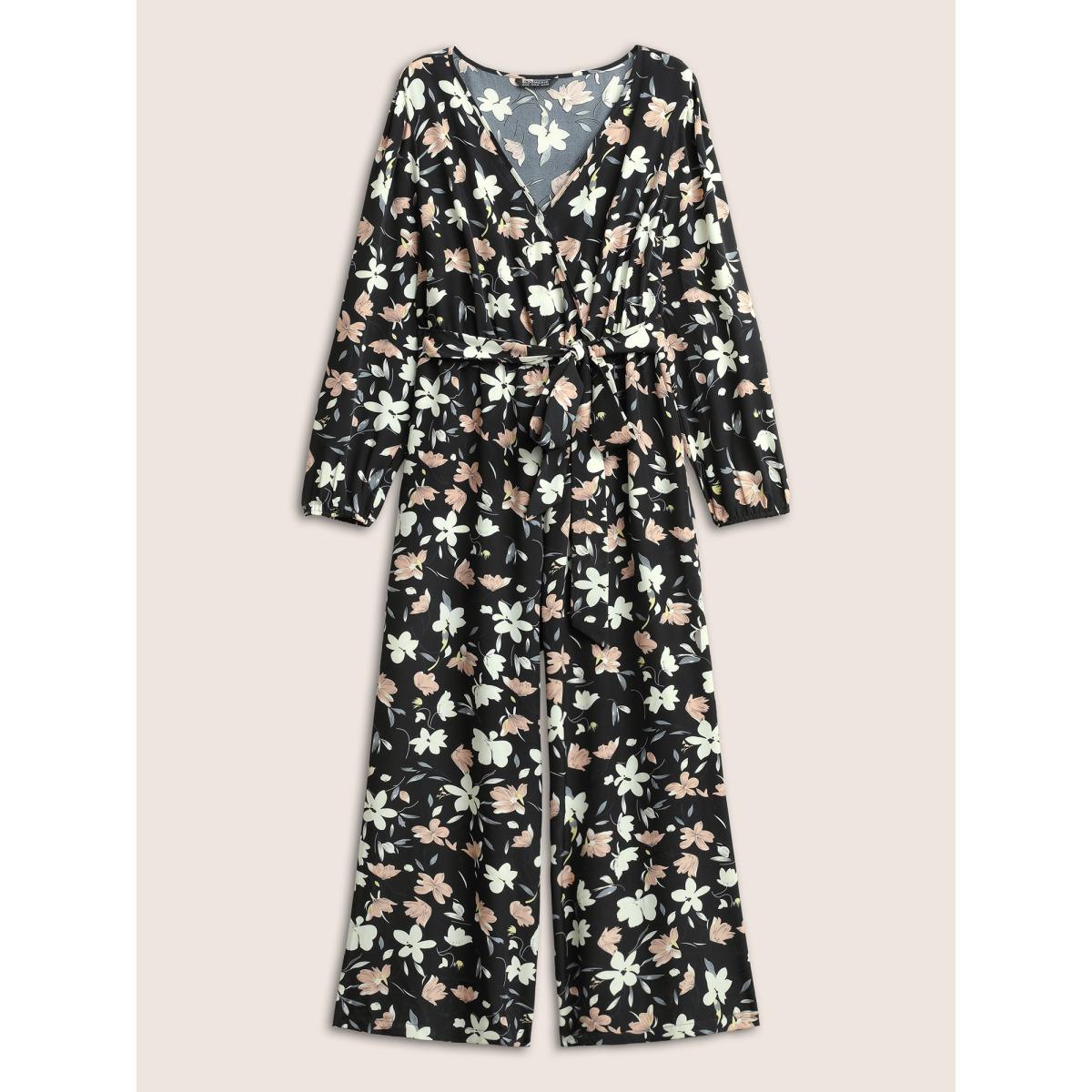 Plus Size Black Floral Elastic Waist Belted Wrap Jumpsuit Women Elegant Long Sleeve Overlap Collar Everyday Loose Jumpsuits BloomChic 14-16/1X Product Image