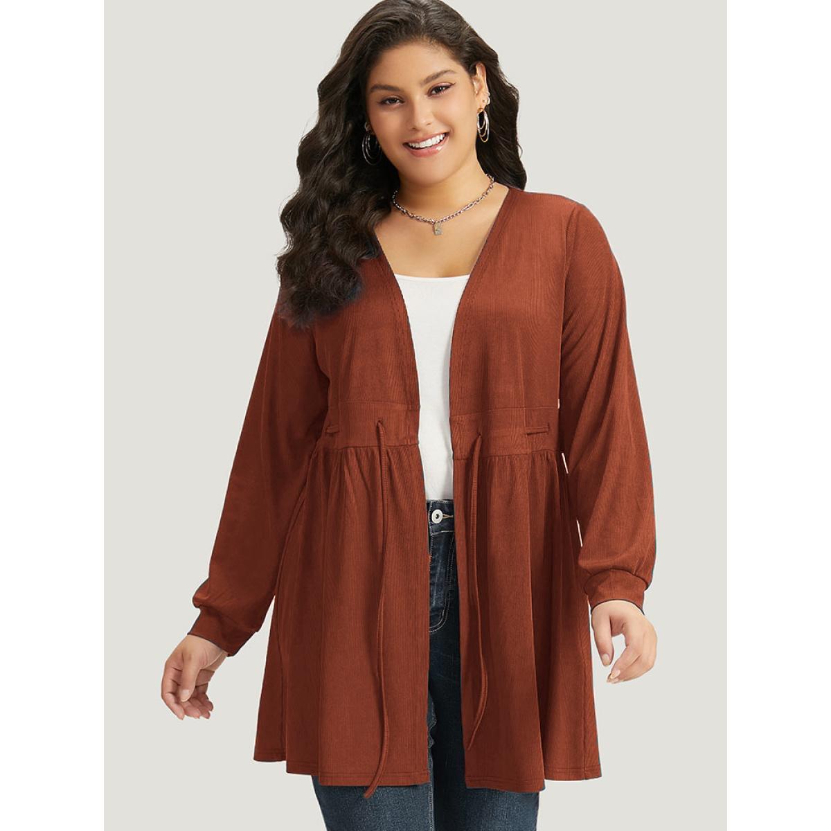 Plus Size Plain Drawstring Knot Gathered Open Front Coat Women Cyan Casual Plain Dailywear Kimonos BloomChic 26/4X Product Image