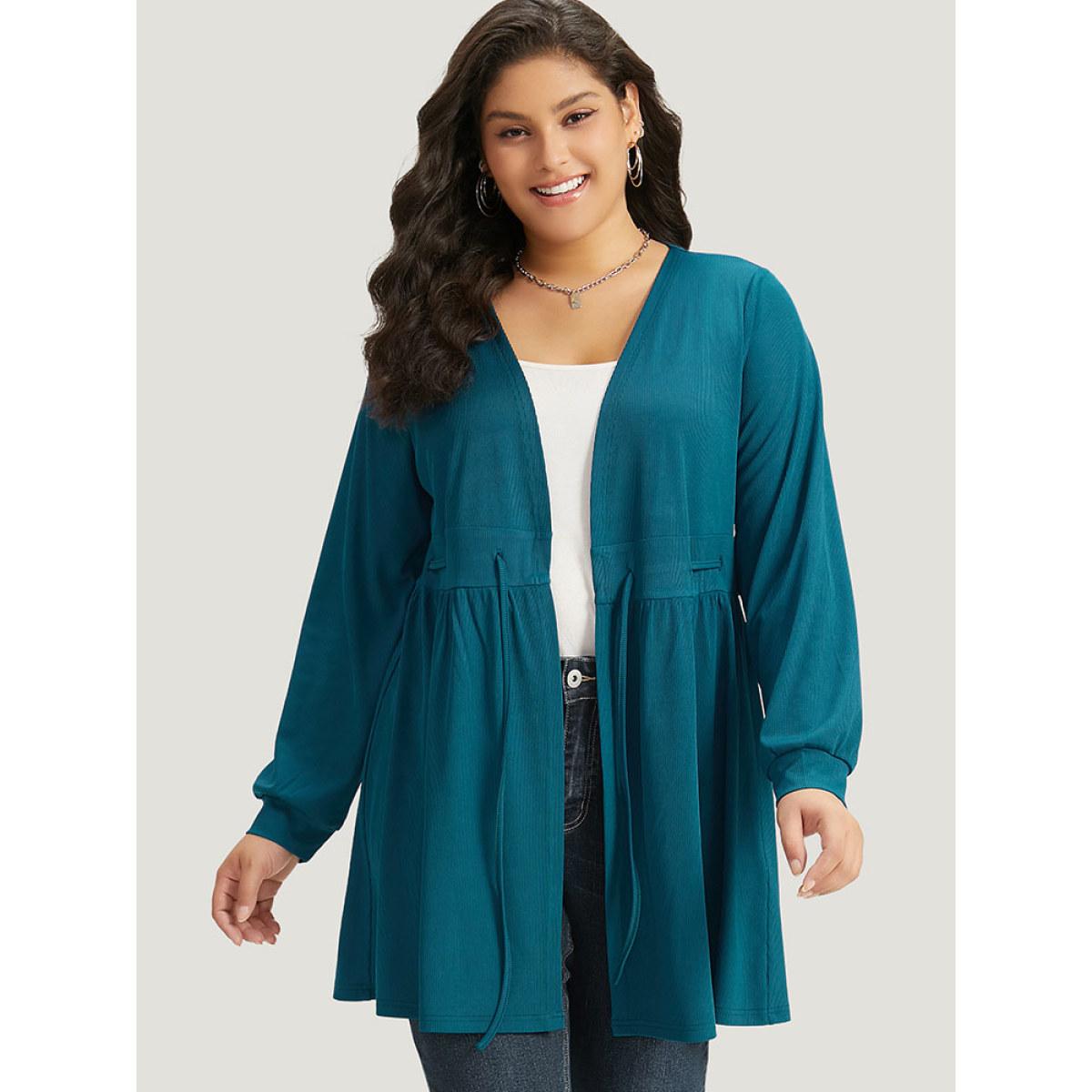 Plus Size Plain Drawstring Knot Gathered Open Front Coat Women Cyan Casual Plain Dailywear Kimonos BloomChic 26/4X Product Image