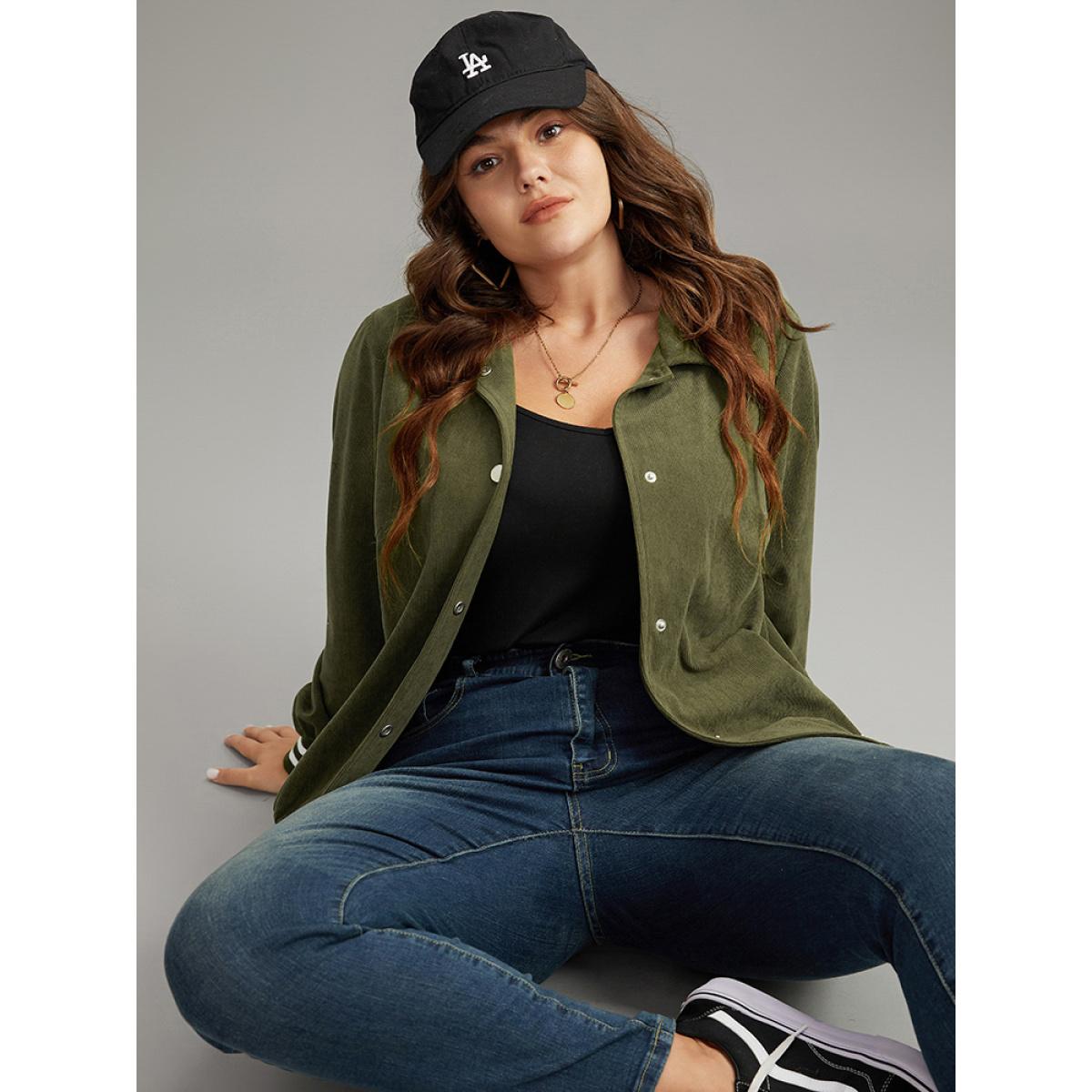 Plus Size Corduroy Striped Trim Button Up Jacket Women ArmyGreen Elastic cuffs Pocket Dailywear Jackets BloomChic 14-16/1X Product Image