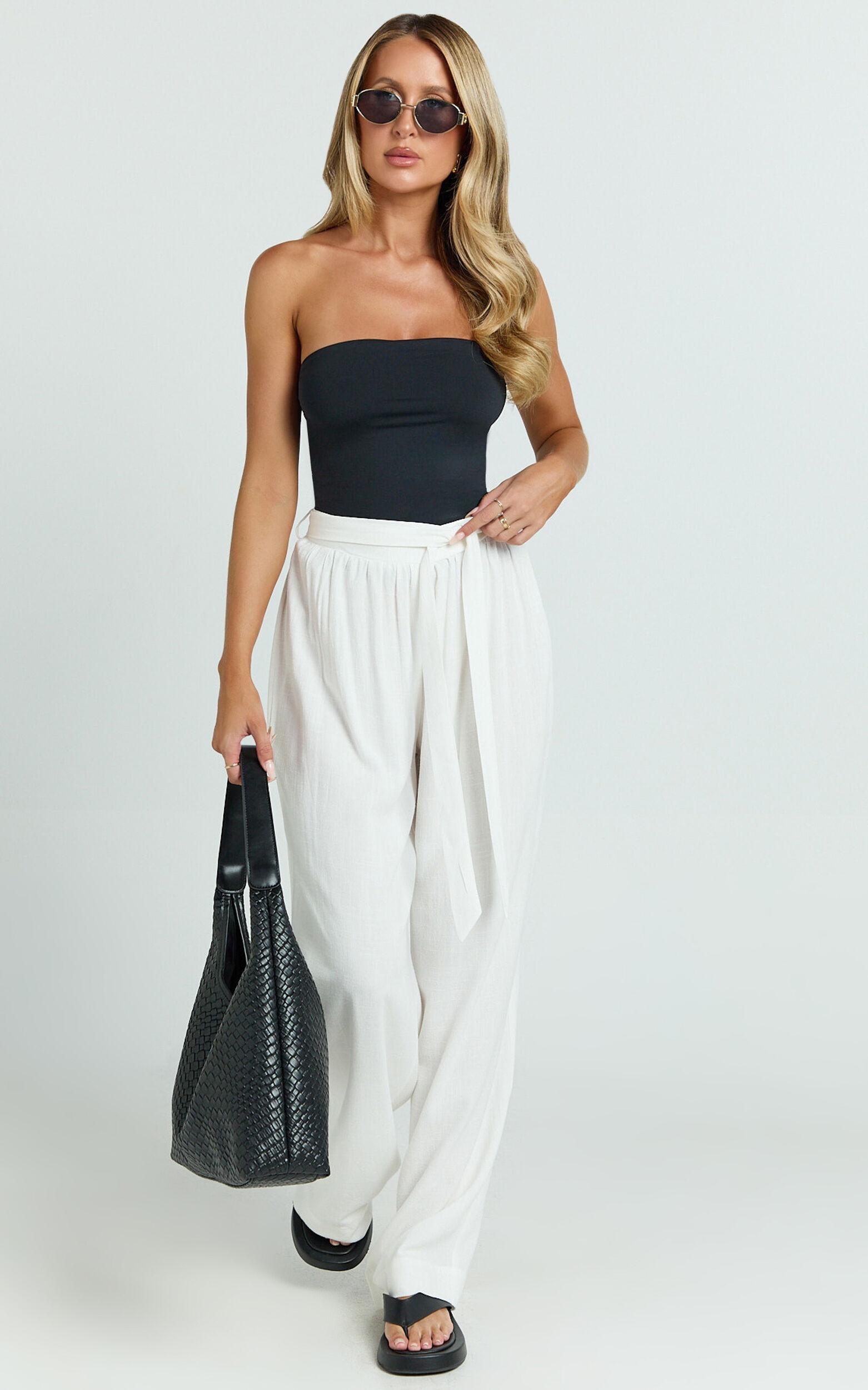 Kalli Pants - Linen Look Belted Wide Leg Relaxed Pants in White Product Image