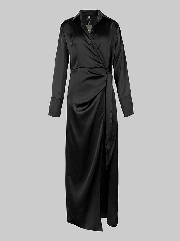 Long Sleeves Loose Solid Color Lapel Collar Maxi Shirt Dresses Product Image