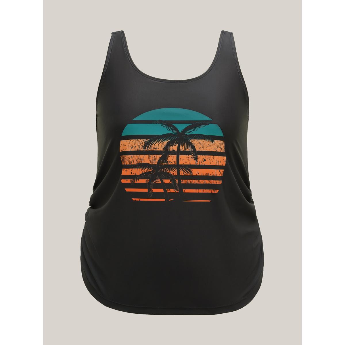 Plus Size Island Print Ruched Swim Top Women's Swimwear Black Resort Gathered High stretch Bodycon U-neck Curve Swim Tops BloomChic 30/6X Product Image