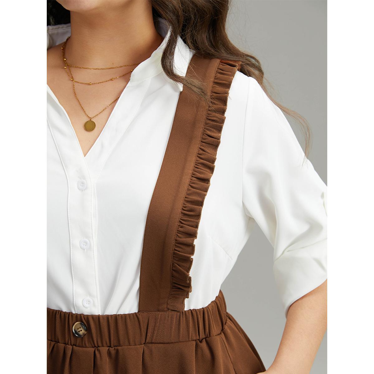 Plus Size Elastic Waist Button Detail Frill Trim Overall Skirt Women Rust At the Office Plain No stretch Pocket Office Skirts BloomChic 12/L Product Image