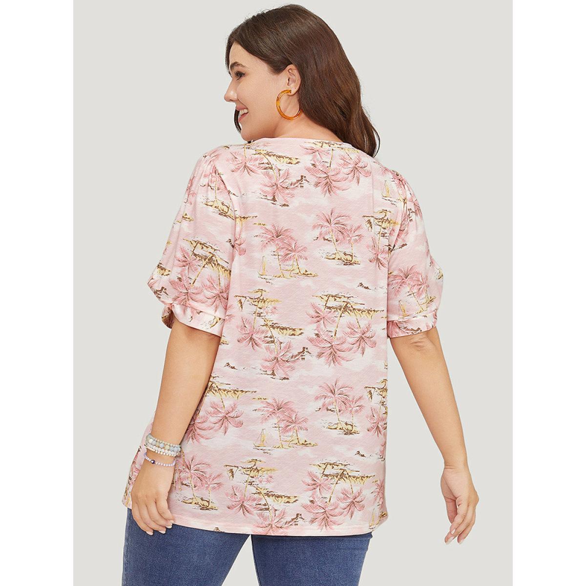 Plus Size Coconut Tree Print Gathered Twist Sleeve T-shirt Rouge Women Vacation Tropical V-neck Dailywear T-shirts BloomChic 12/L Product Image