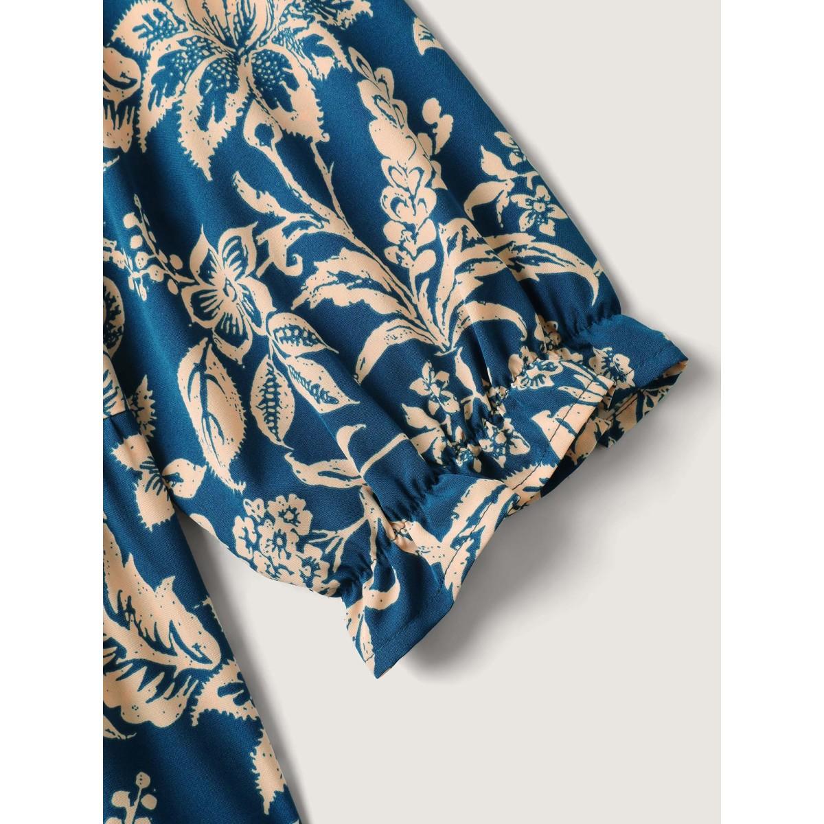 Plus Size Boho Floral Drawstring Pockets Midi Dress Mediumblue Women Resort V-neck Elbow-length sleeve Curvy BloomChic 30/6X Product Image