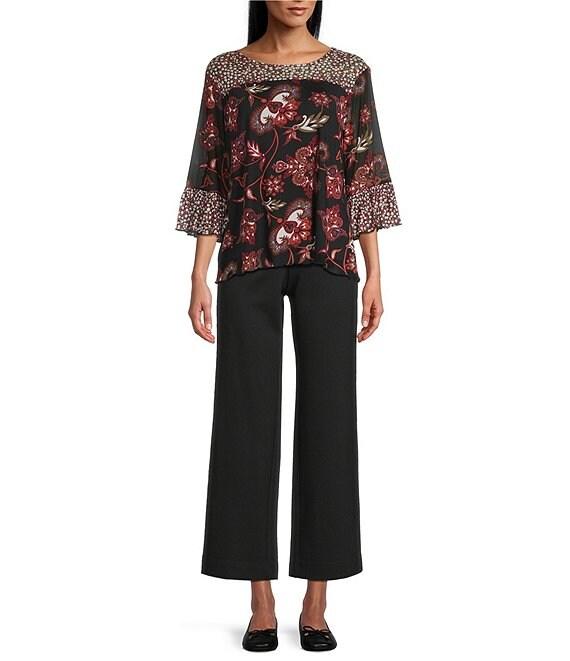 Intro Petite Size Intro Soft Mesh Jacobean Floral Mix Printed 3/4 Romantic Sleeve Top Product Image