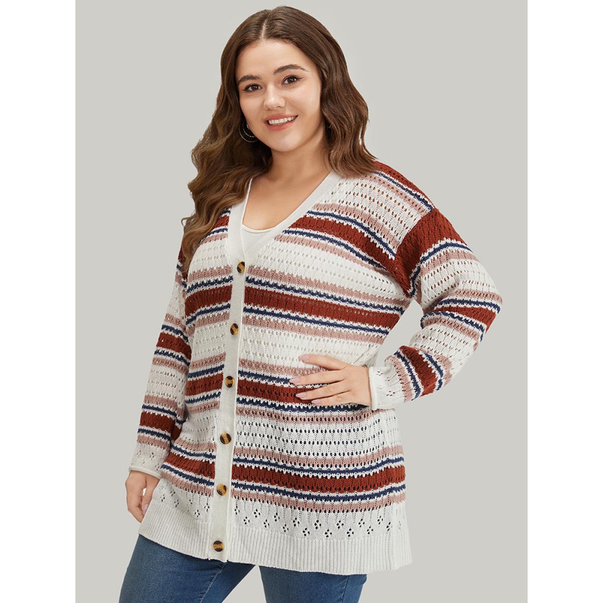 Plus Size Striped Contrast Pointelle Knit Button Through Cardigan Multicolor Women Casual Loose Long Sleeve Dailywear Cardigans BloomChic 14-16/1X Product Image