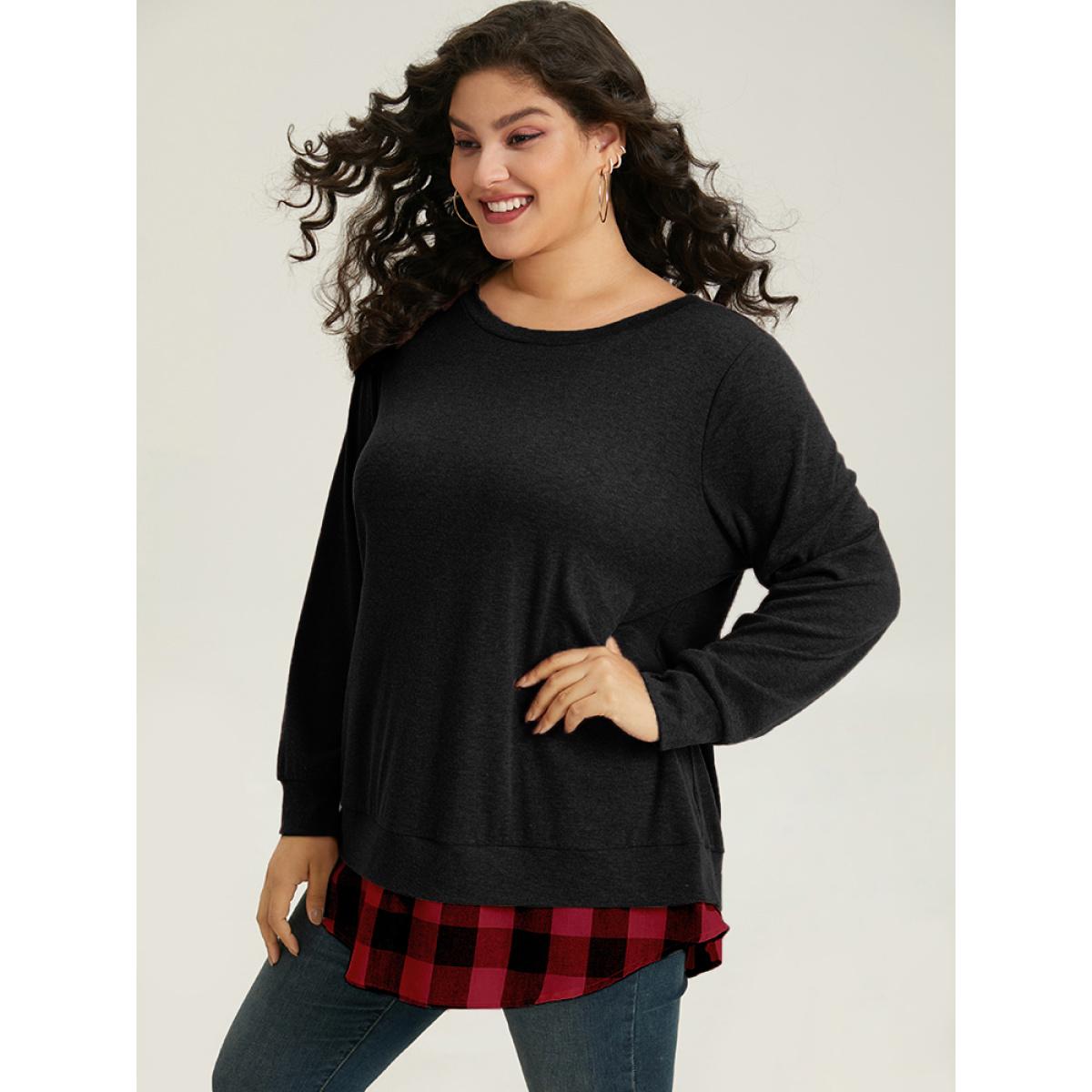 Plus Size Heather Plaid Patchwork Crew Neck T-shirt Black Women Leisure Heather Plaid Round Neck Casual T-shirts BloomChic 18-20/2X Product Image