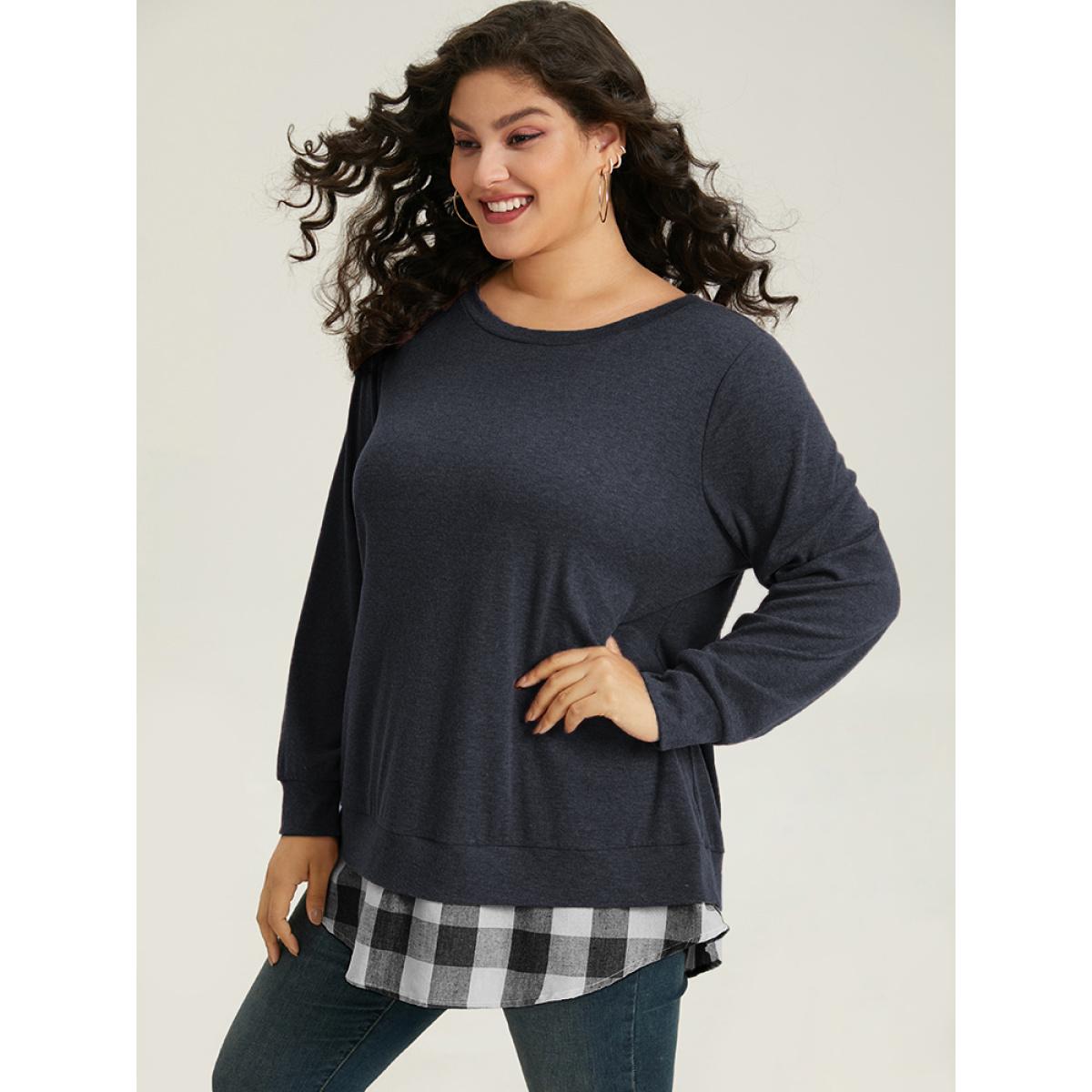 Plus Size Heather Plaid Patchwork Crew Neck T-shirt Midnight Women Casual Heather Plaid Round Neck Everyday T-shirts BloomChic 26/4X Product Image
