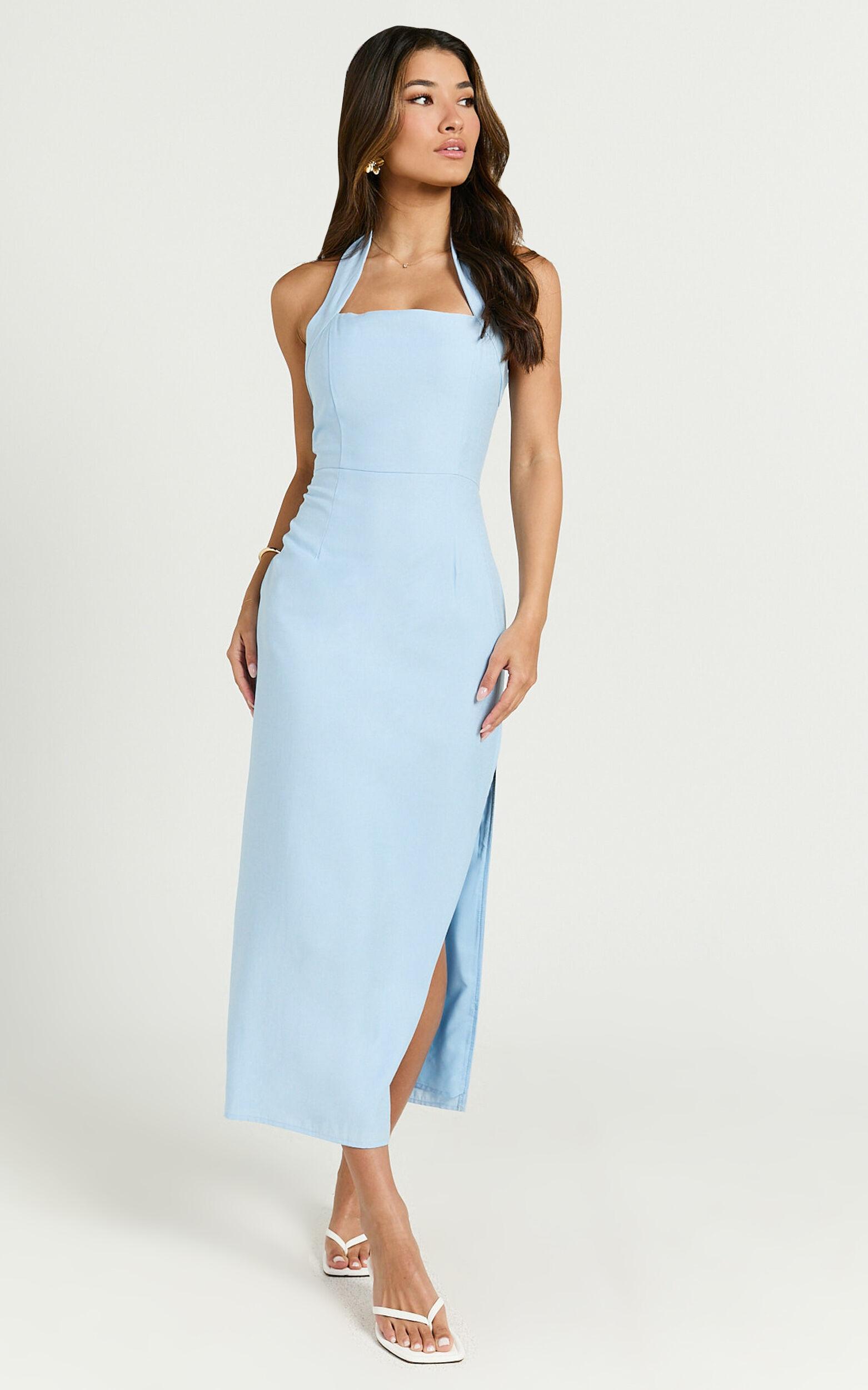 Darcy Midi Dress - Halter Fitted Side Split Dress in Blue Product Image