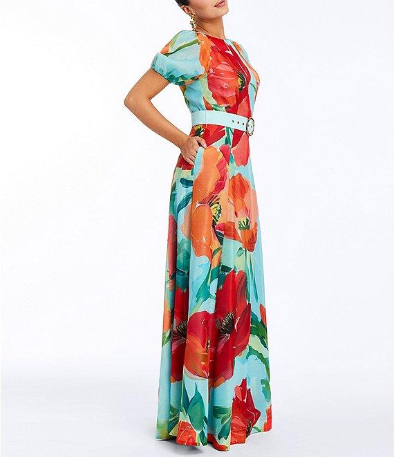 Mestiza New York Pippa Floral Organza Round Neck Puff Sleeve Belted Fit-And-Flare Gown Product Image