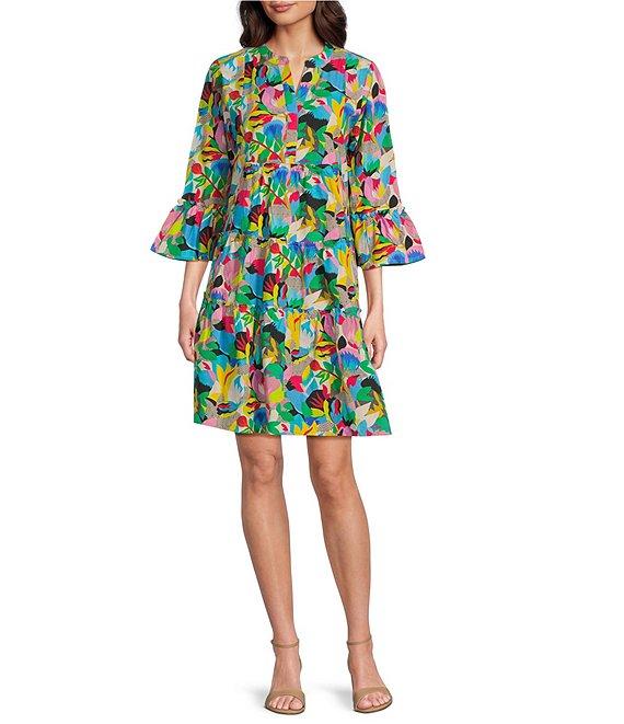 APNY Printed Split Neck 3/4 Flounce Sleeve Tiered A-Line Dress Product Image