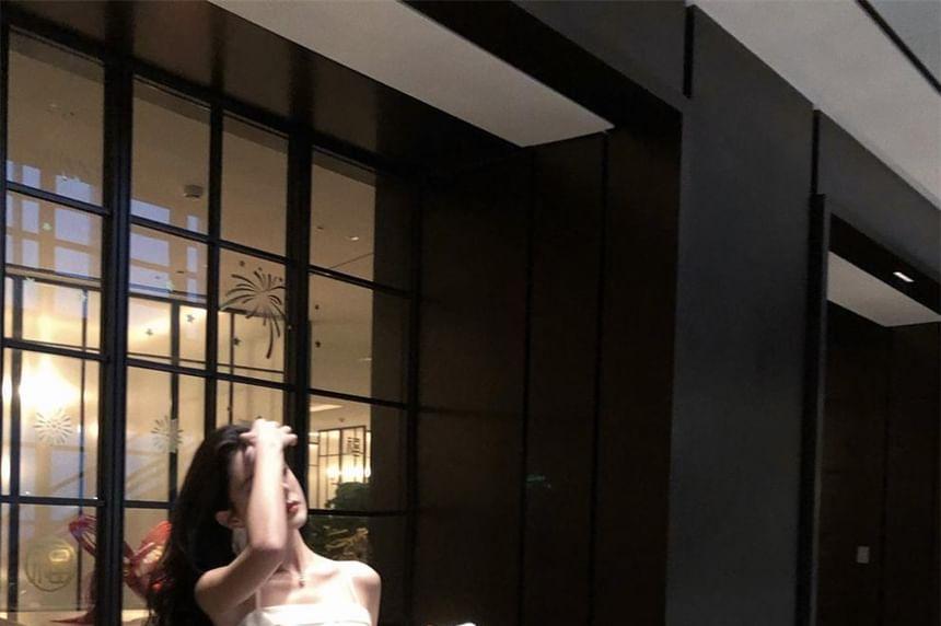 Spaghetti Strap Plain Ruched Ruffle Trim Maxi A-Line Dress Product Image