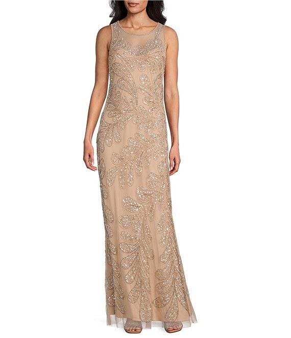 Pisarro Nights Mesh Beaded Floral Print Crew Neck Sleeveless Sheath Gown Product Image