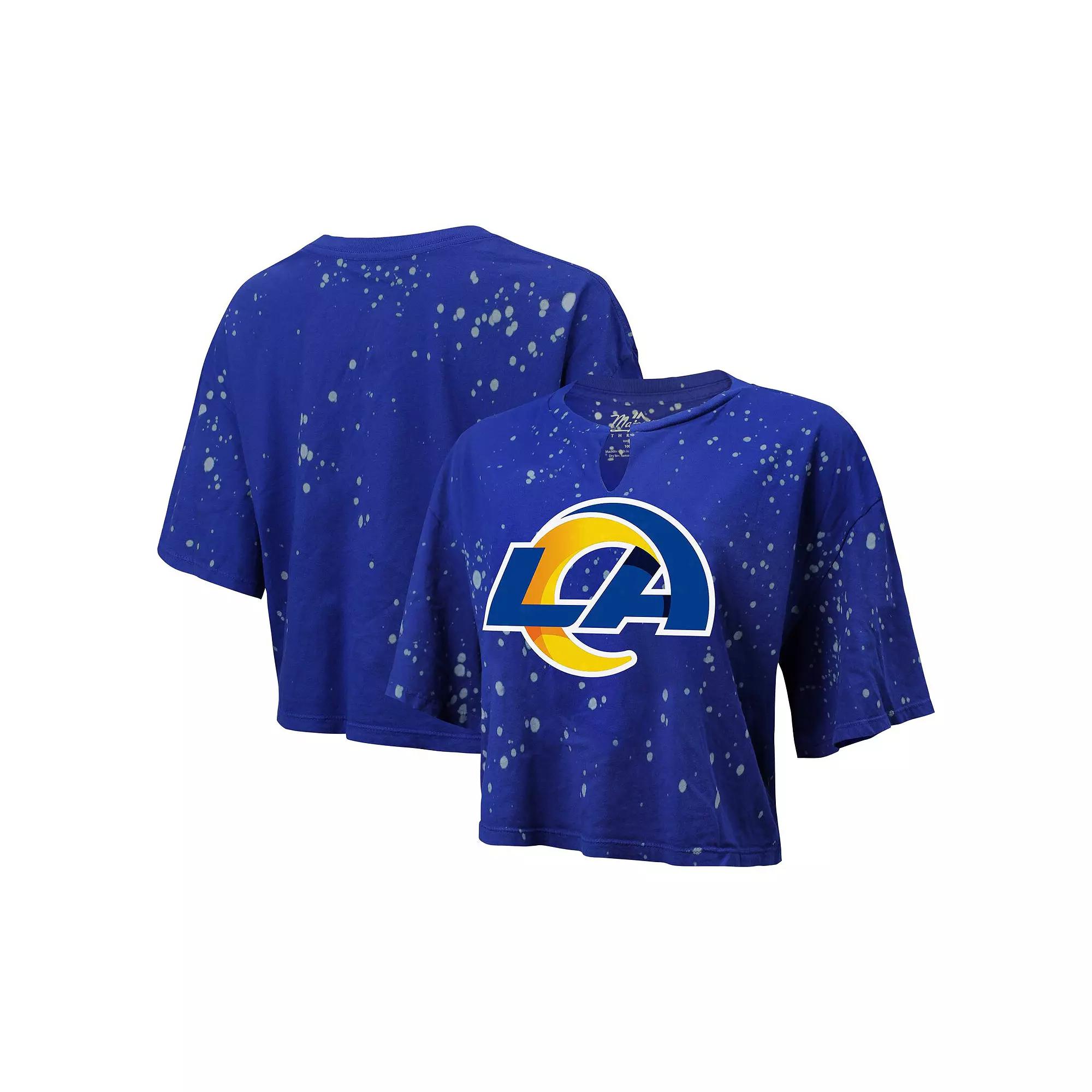 Women's Majestic Threads Royal Los Angeles Rams Bleach Splatter Notch Neck Crop T-Shirt, Size: 2XL, Blue Product Image