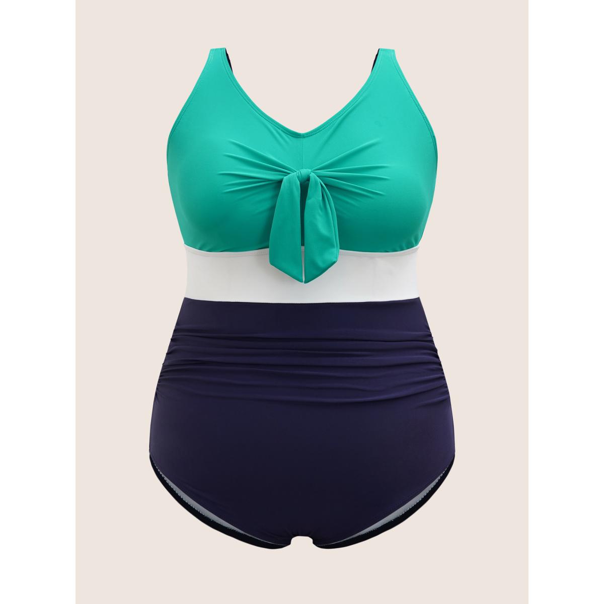 Plus Size Contrast Patchwork Tie Knot Gathered One Piece Swimsuit Women's Swimwear Malachitegreen Beach Tie knot Curve Bathing Suits High stretch One Pieces BloomChic 26/4X Product Image