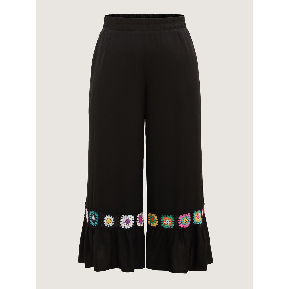 Plus Size Stretchy Waist Crochet Floral Wide-Leg Pants Women Black Boho Wide Leg Mid Rise Vacation Pants BloomChic 28/5X Product Image