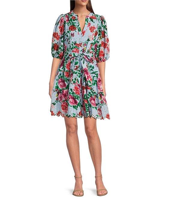 Gibson & Latimer Floral Eyelet Split Neck Elbow Puff Sleeve Button Front Scallop Hem Dress Product Image