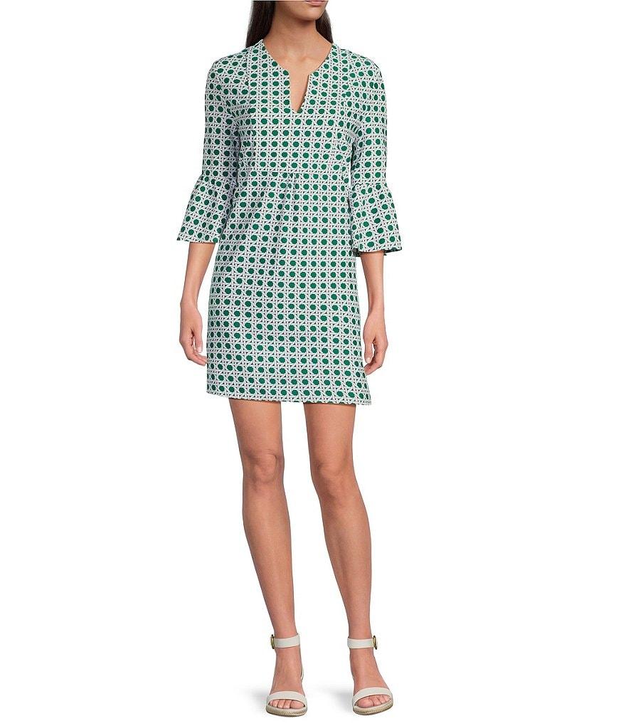 Jude Connally Kerry Petite Rattan Print Split V-Neck 3/4 Bell Sleeve Knit Shift Dress Product Image