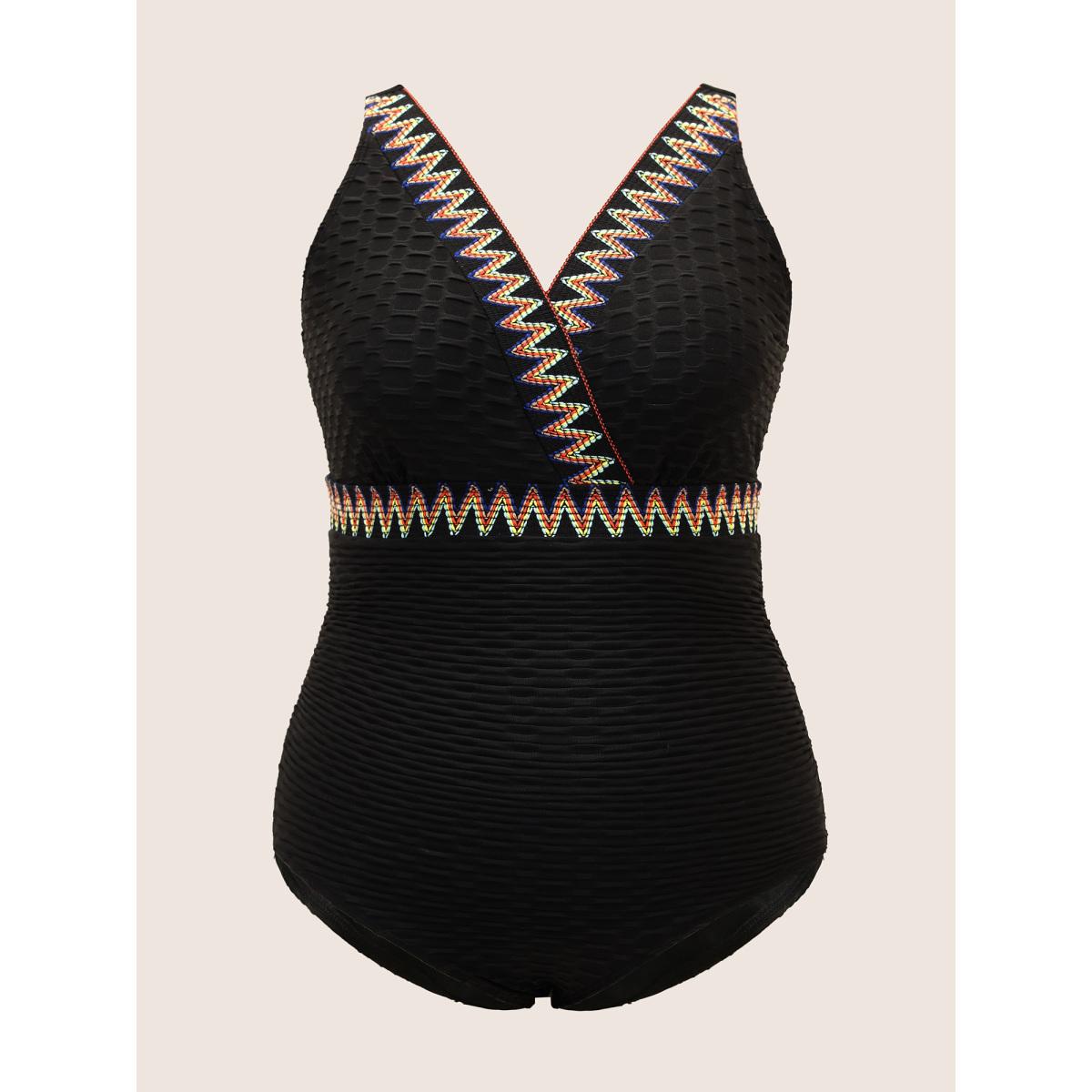 Plus Size Contrast Webbing Wrap One Piece Swimsuit Women's Swimwear Black Beach Woven ribbon&lace trim Curve Bathing Suits High stretch One Pieces BloomChic 22-24/3X Product Image