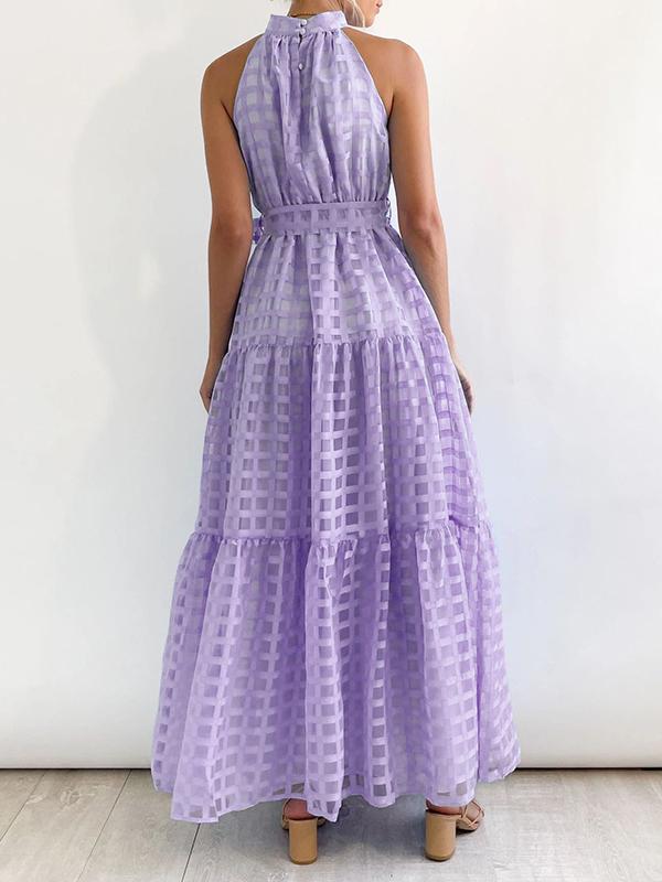 Loose Sleeveless Plaid Ribbed Stand Collar Maxi Dresses Product Image