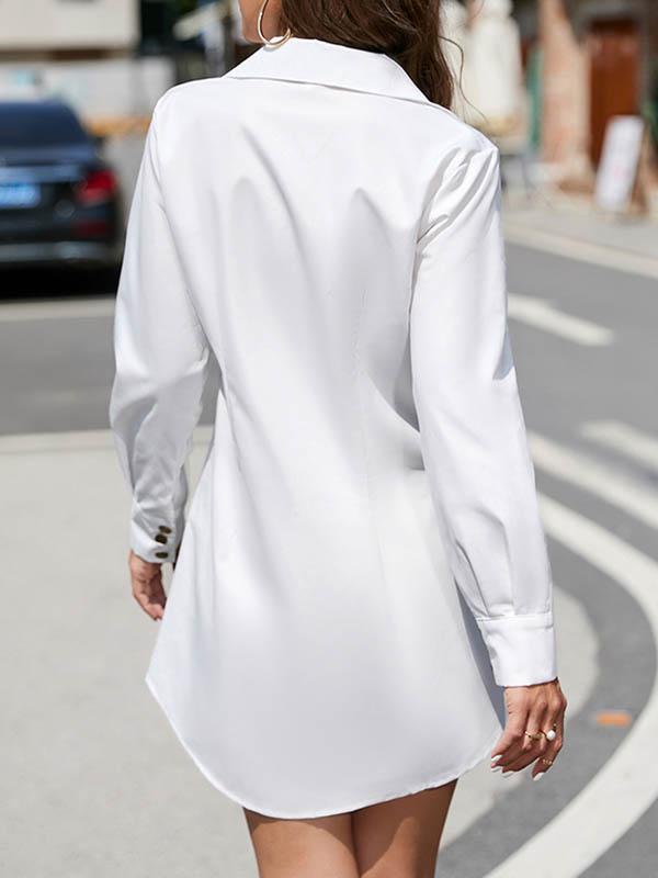 Long Sleeves Loose Buttoned Pleated Solid Color Lapel Mini Dresses Shirt Dress Product Image