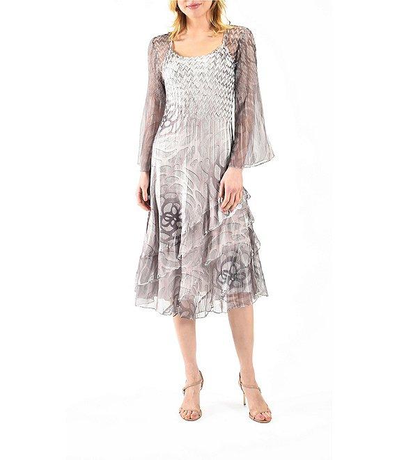 Komarov Printed Charmeuse Square Neck 3/4 Bell Sleeve Tiered Dress Product Image