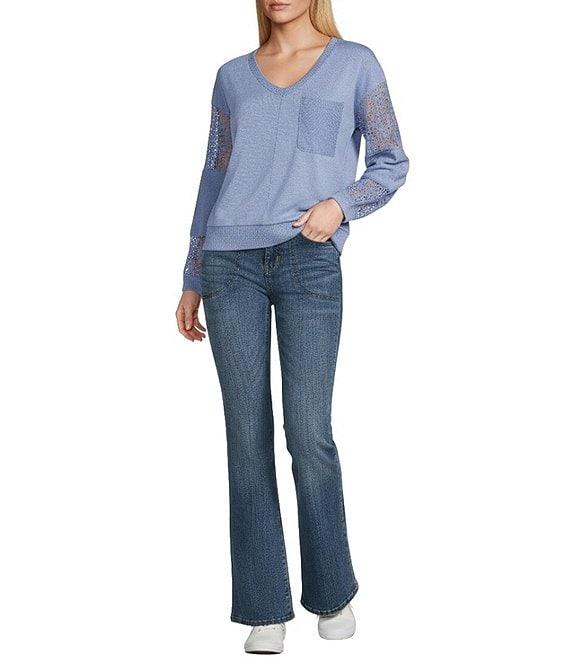 Nurture Petite French Terry Lace & Rib V-Neck Drop Shoulder Front Pocket Knit Pullover Product Image