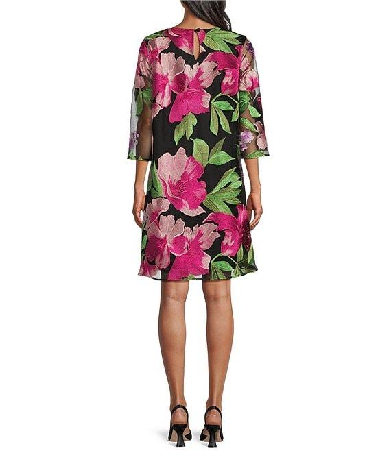 Caroline Rose Abundant Blooms Embroidered Mesh Round Neck 3/4 Sleeve A-Line Dress Product Image