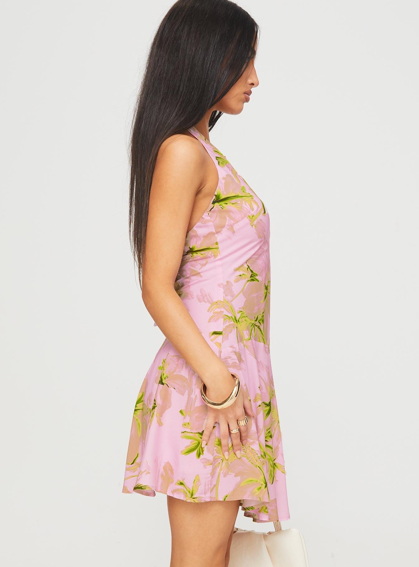Alcedo Halter Mini Dress Pink / Green Product Image