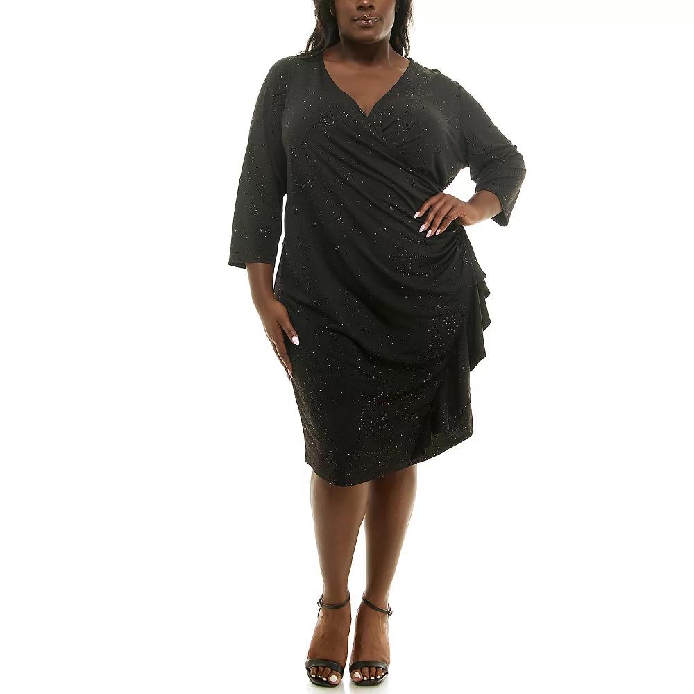 Plus Size Nina Leonard Wrap Ruffle Dress, Women's, Size: 2XL, Black Team Product Image