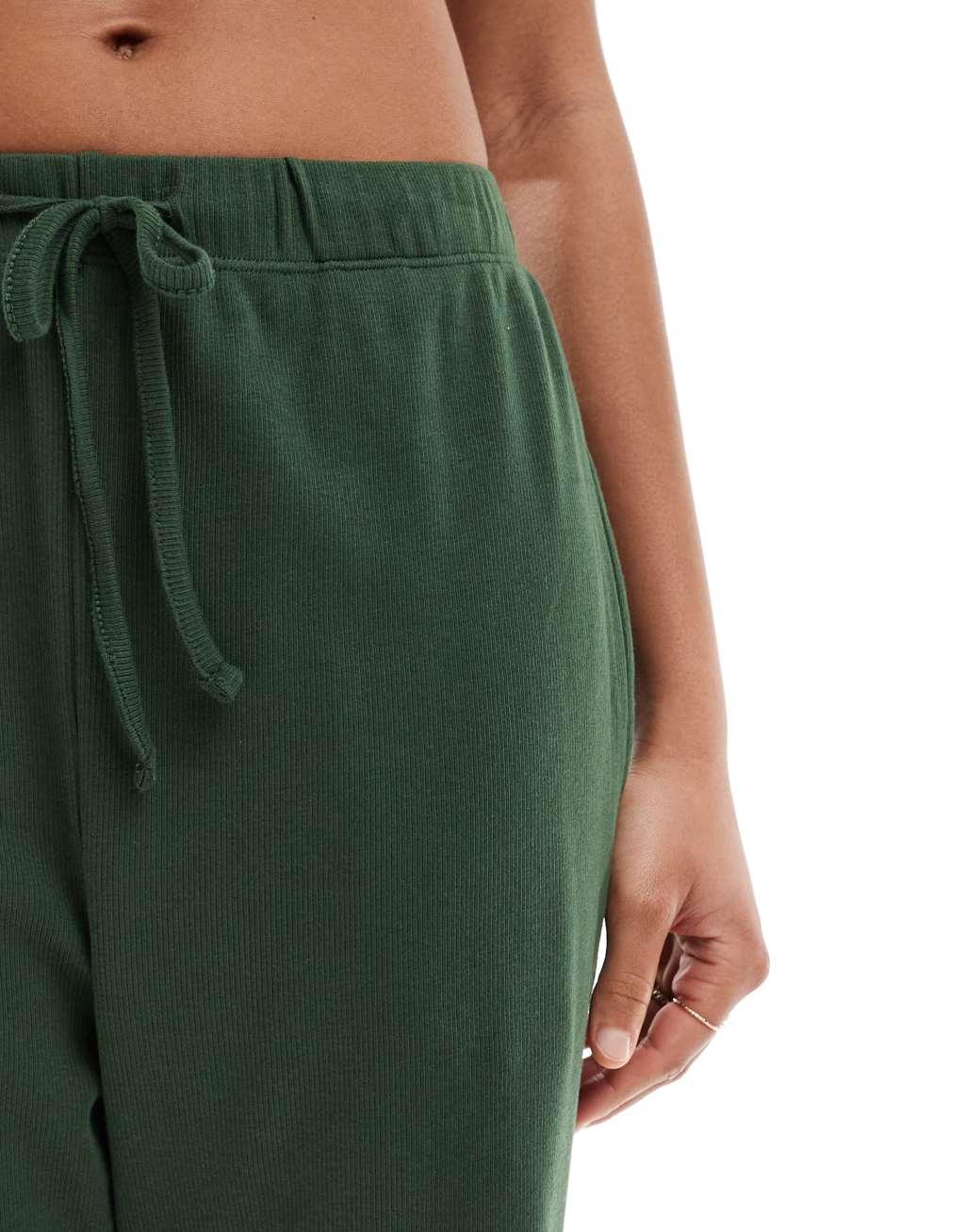 Brave Soul ribbed cropped t-shirt and wide leg pants lounge set in khaki Product Image